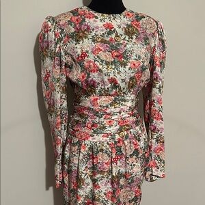 Vintage Romantic Floral Dress | Cottagecore Ruched Waist Midi Dress M
